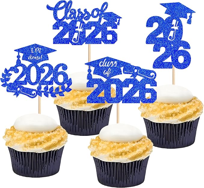 Graduation Cupcake Toppers 2026 Food/Appetizer Picks For Graduation Party Mini Cake Decorations 2026 Cupcake Toppers Graduation 24 Pieces (blue)