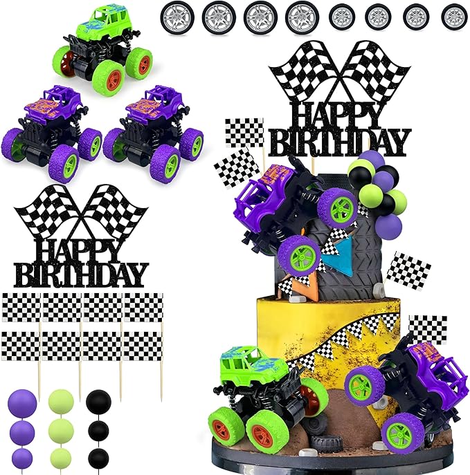 29PCS Truck Cake Decoration 2 Purple 1 Green Off-road Vehicle Cake Top Decoration Deep Purple Light Green Black Balls Truck Themed Party Supplies