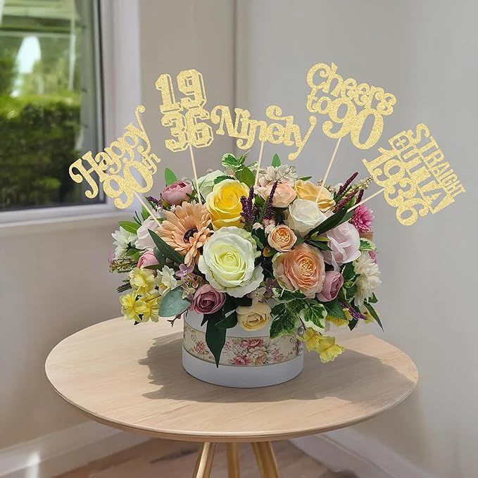 Gyufise 15Pcs Happy 90th Birthday Centerpiece Sticks Ninety Straight Outta 1936 Table Flower Centerpieces Sticks Cheers to 90 Decorations for 90th Birthday Party Supplies Gold