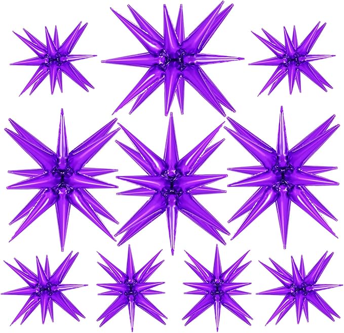 10 Pcs Purple Star Balloons Explosion Starburst Balloons Foil Cone Balloon Magic for Birthday Wedding Anniversary Party Backdrops Decorations Supplies, 6 Pcs 22Inches and 4 Pcs 27Inches