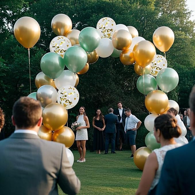 Sage Green Balloons, 60pcs 12inch Sage Green White Metallic Gold Confetti Balloons for Boho Birthday Baby Shower Bridal Shower Wedding Summer Party Decorations
