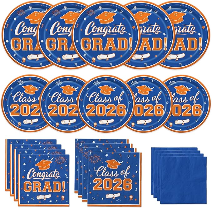 Graduation Blue Orange Party Supplies Kit Dinner Plates Dessert Plates and Napkins for Congrats Grad Party Decorations, Serves 50