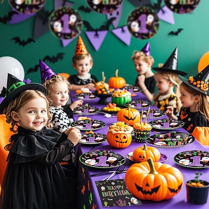 96Pcs Halloween 1st Birthday Party Supplies Spooky One Party Plates and Napkins Halloween Cartoon Ghost Black Purple Tableware Set for Boys or Girls First Birthday Decorations, Serves 24