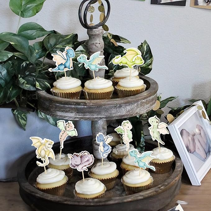 Ephlyn 36Pcs Dragon Party Cupcake Toppers Dragon Birthday Party Decoration Fantasy Dragon Cake Decorations for Flying Dragon Baby Shower Supplies