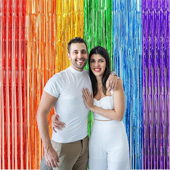 2 Pack Rainbow Foil Fringe Curtains, 3.3x6.6 Ft Metallic Tinsel Backdrop Party Decorations Door Rainbow Streamers for Birthday Wedding Engagement Decor,Photo Booth Props, Party Supplies
