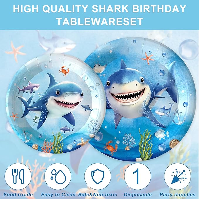136PCS Shark Party Supplies for Boy Under The Sea Paper Plates and Napkins Banner Spiral Cake Toppers Hanging Swirls Birthday Table Decorations for 20 Guests