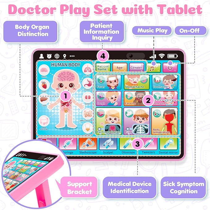 BainGesk Doctor Kit for Girls 3 Years Old, Doctor Tablet with Music & Sound, Pretend Play Doctor Set with Stethoscope, Doctor Dress Up Gifts for Kids Toddlers Ages 3-6 Years Old