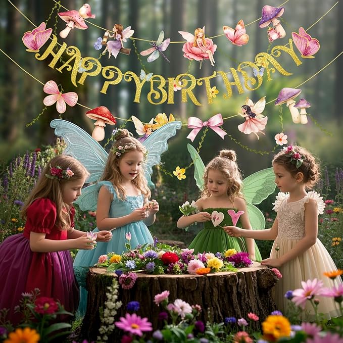 Paper Jazz Fairy Birthday Banner with Butterfly Fairy Party Decorations Mushroom Decor Fabric Vines Paper Garlands Decorations for Birthday,Garden Tea Party,Baby Shower.