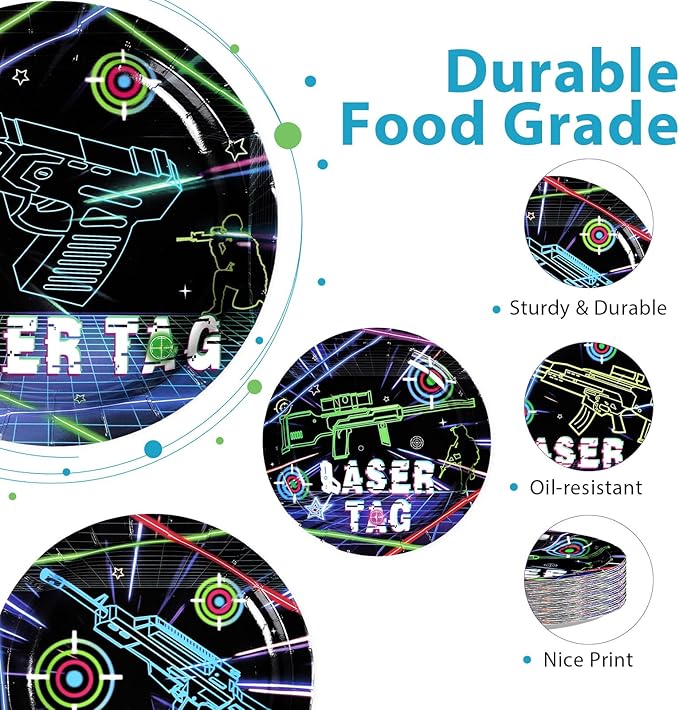 60 Pcs Laser Tag Paper Plates 7" Disposable Heavy Duty Neon Glow Shooting Game Theme Plates Laser Tag Party Tableware Set for Kids Boys Birthday Decorations Party Supplies