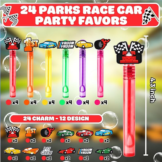 Race Car Party Favors for Kids – 24PCS Racing-Themed Bubble Wands, Great for Birthday Supplies, Pinata Fillers, Goodie Bags & Classroom Rewards