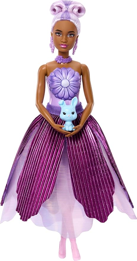 Barbie Petal Pop Scented Doll with Purple Floral Dress & Accessories, Bouquet Reveal with Pet Bunny & Surprises Like Watering Can, Necklace & Earrings