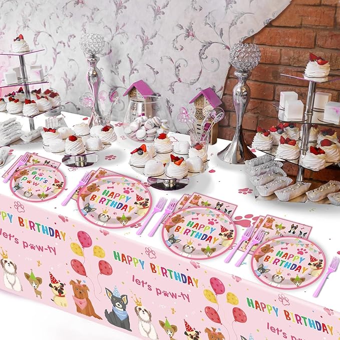 98pcs Dog Birthday Party Decorations Puppy Tableware Set Plates Napkins Pink Dog Theme Tablecloth for Girl Birthday Lets Pawty Party Supplies Kit Pet Dogs Table Cover Dinnerware Paw Print Theme Favors