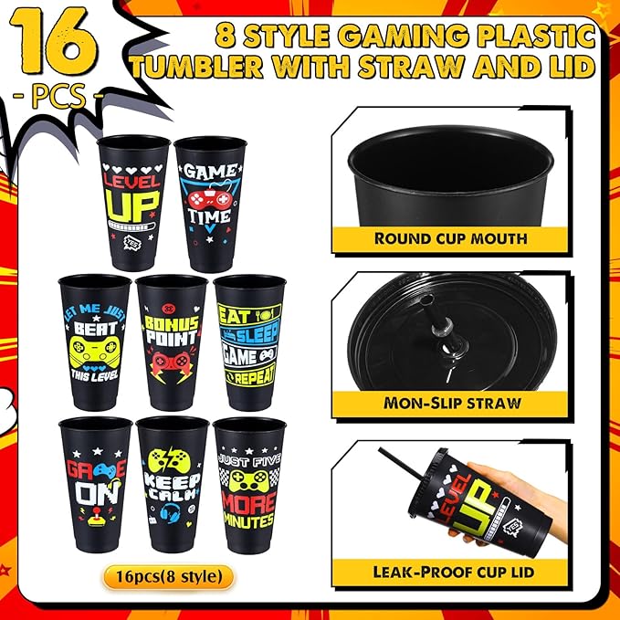 16 Pcs Video Game Plastic Cups Gaming Party Favor with Lids and Straws 24 oz Gamer Reusable Tumbler Water Mug for Fun Video Birthday Party Supplies for Adults (Black)