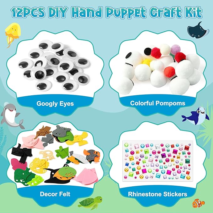 WATINC 12Pcs Hand Puppet Making Kit, Art Craft Felt Sock Puppet Toys, Creative DIY Make Your Own Pompoms Wiggle Googly Eyes Storytelling Role Play Party Supplies Gift for Girls Boys (Ocean A Wild A)