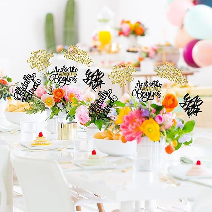 15 PCS Happy Retirement Centerpiece Sticks Officially Retired Table Flower Centerpieces Sticks No Work Zone Adventure Begins Floral Decorations for Retirement Birthday Party Centerpieces Black Gold