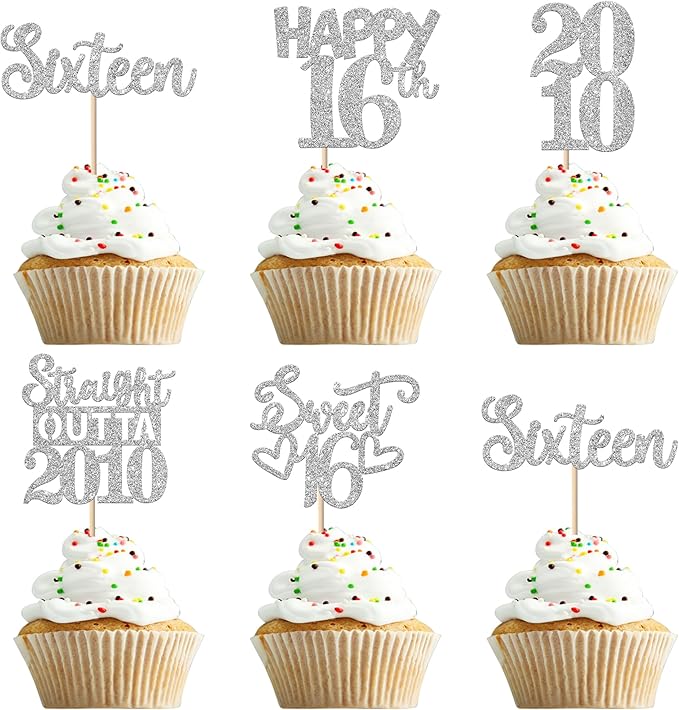 30PCS 16th Birthday Cupcake Toppers Glitter Sixteen Happy 16th Straight Outta 2010 Cupcake Picks for Cheers to 16 Years 16 th Birthday Wedding Anniversary Party Cake Decorations Supplies Silver