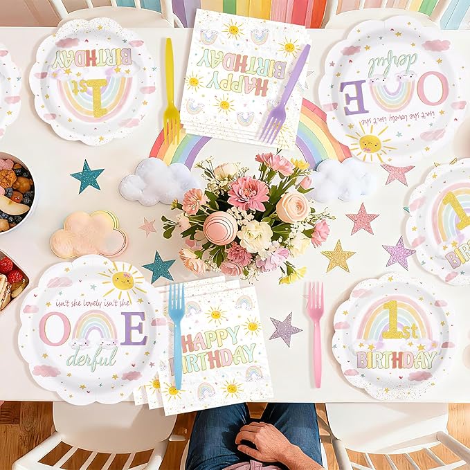96Pcs Isn't She Onederful Birthday Party Decorations Isn't She Lovely First Birthday Paper Plates and Napkins Set Rainbow 1st Birthday Decoration for Girls One Year Old Bday Party Supplies Serves 24