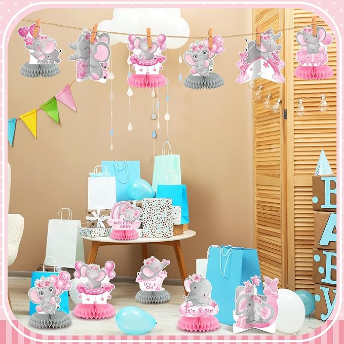 12 Pcs Pink Elephant Baby Shower Decorations Honeycomb Centerpieces Elephant Baby Shower Table Decoration Balloon Moon Flowers Table Topper for Birthday Party Favors Supplies