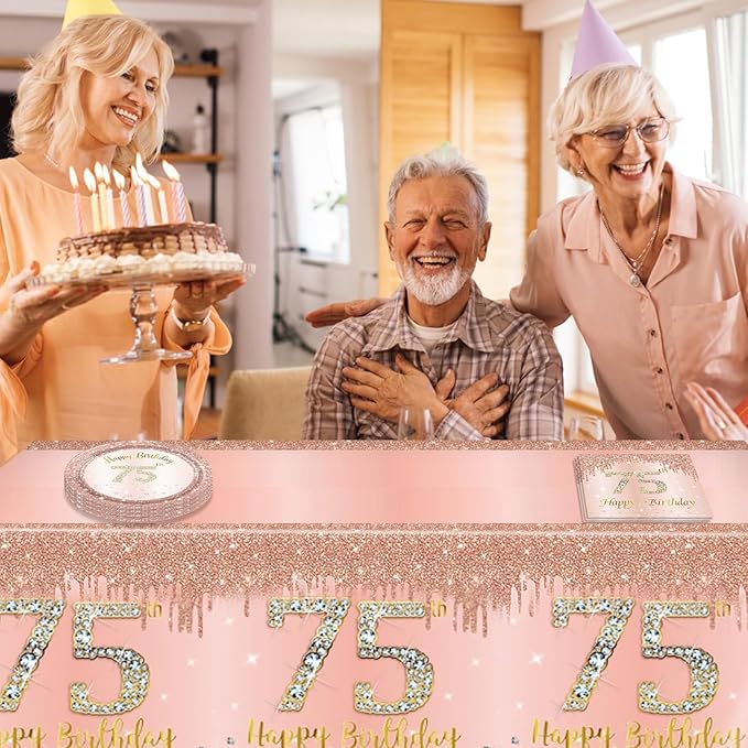 41pcs 75th Birthday Decorations for Women Rose Gold 75th Birthday Party Plates Napkins and Tablecloth Happy 75 Year Old Disposable Party Tableware Kit for 75th Birthday Anniversary Party Supplies