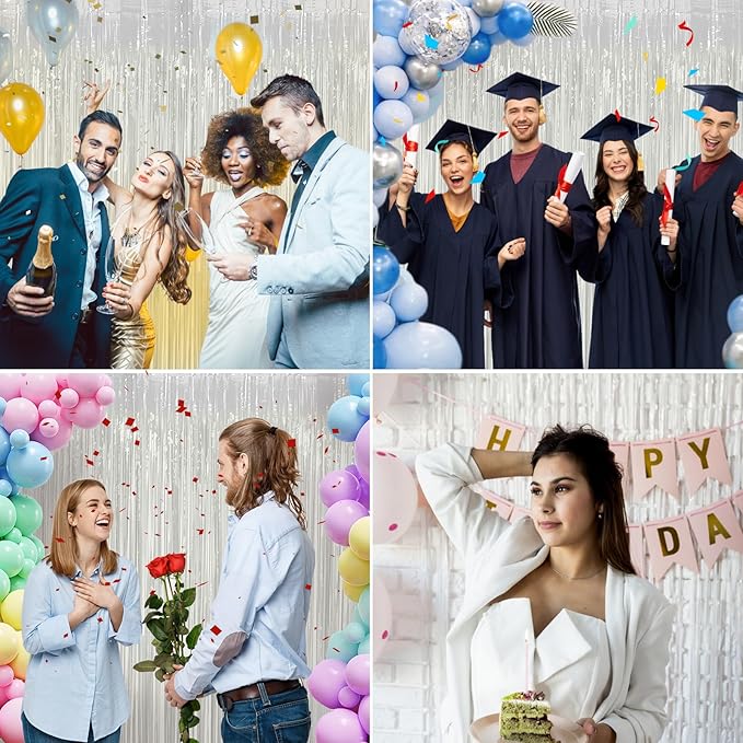 White Foil Fringe Backdrop Curtain 2 Pack 3.3x8.2 Ft, White Tinsel Streamers Birthday Party Decorations Fringe Backdrop for Birthday Graduation Christmas Halloween Baby Shower Gender Reveal