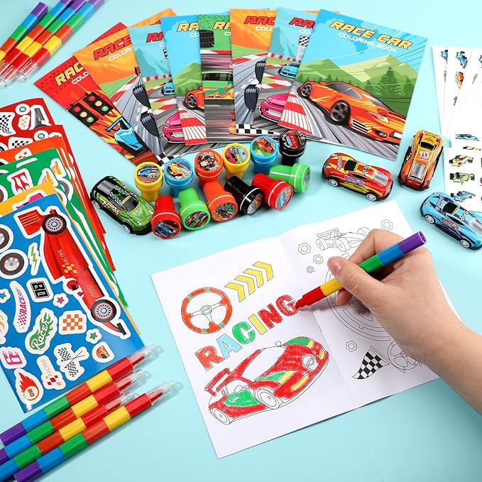 BenLouis 168Pcs Race Car Party Favors Racing Theme Coloring Books Crayons Sticker Set Bulk for Kids Fast Racecar Wheels Birthday Goodie Bag Stuffer Classroom Gifts Rewards Craft Pinata Fillers