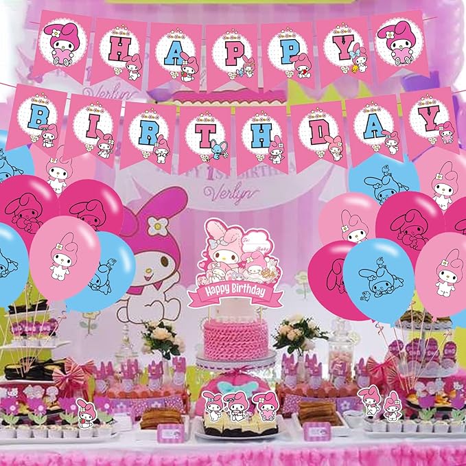My Melody Party Decorations - Birthday Party Supplies Includes Banner, Cake Topper, 12 Cupcake Toppers, 18 Balloons, 50 My Melody Stickers