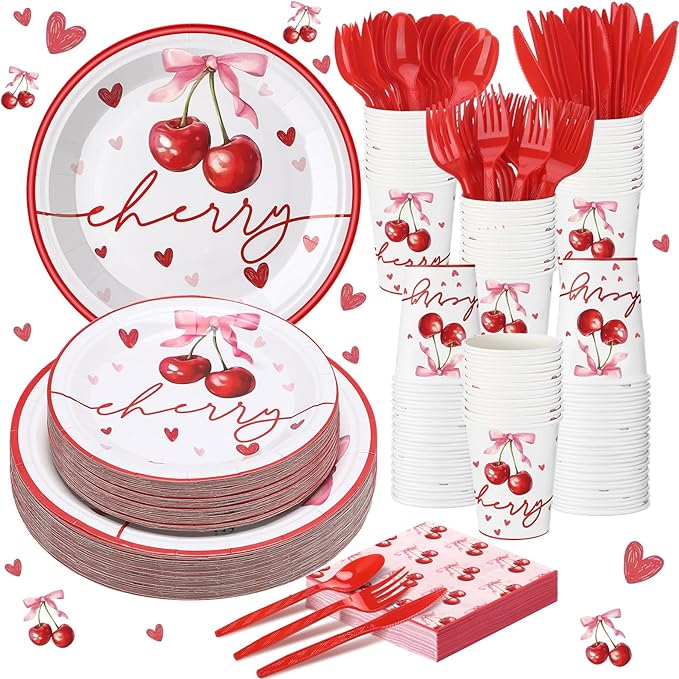 168 Pcs She's Ready to Pop Cherry Bow Baby Shower Decorations Cherry Paper Plates and Napkins Coquette Party Supply Galentine's Valentine's Day Birthday Tableware for 24 Guests Bridal Wedding