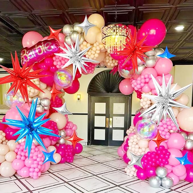 20 Pcs Star Balloons 27”22”Explosion Foil Balloons- Spike Balloon and Four Pointed Star Balloon for Party Supplies 4th of July Decorations Christmas Birthday Wedding Photo Booth (Silver Red Blue)