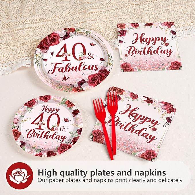 96Pcs Burgundy 40th Birthday Party Supplies Rose Gold Floral 40 and Fabulous Plates and Napkins Tableware Sets for Womens Burgundy Happy 40 Years Old Birthday Decorations Serves 24 ﻿