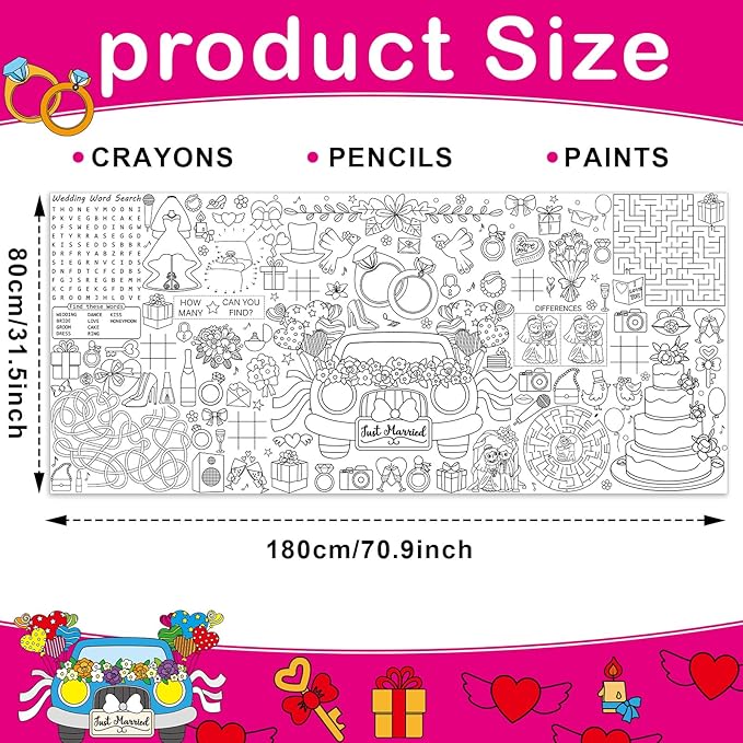 Wedding Giant Coloring Poster for Kids Large Coloring Tablecloth Big Paper Sheets Page Wedding Theme Table Cloth DIY Activity Game Art Crafts Mat Wall Home Classroom Party Decoration Supplies