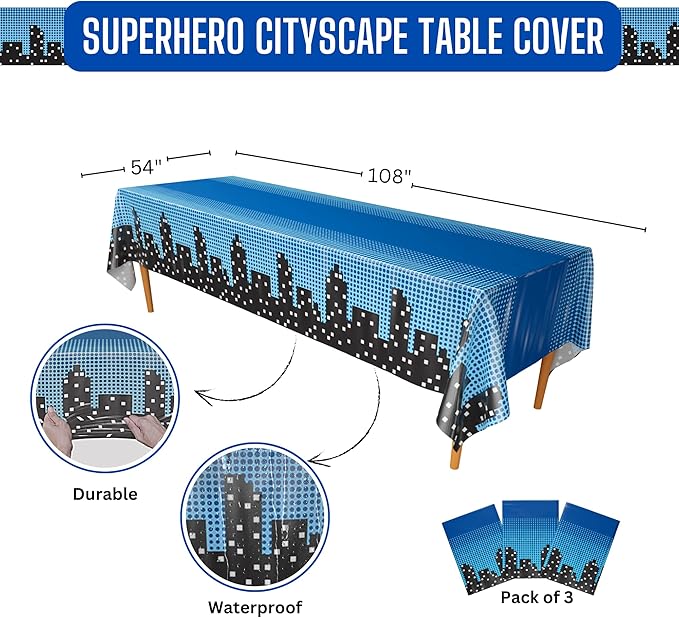 Blue Orchards Superhero Cityscape Table Covers (Pack of 3) 108"x54" XL - Superhero Table Cloth for Parties, Birthday Party Supplies, Boy Birthday Party Decorations, Super Hero Brithday Party
