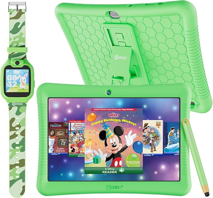 Contixo K102 10" Android Tablet and KW1 Kids Smartwatch - 32GB, Includes 80+ Disney Storybooks, Educational Watch with Games, Camera, Music Player, Alarm, Customizable Wallpaper, Green