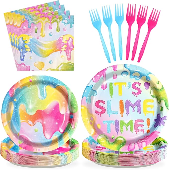 96Pcs Slime Birthday Party Decorations Colorful Slime Party Plates Disposable 350GSM It's Slime Time Paper Tableware Set for Boys Girls Glitter Slime Splatter Splash Birthday Party, Serves 24