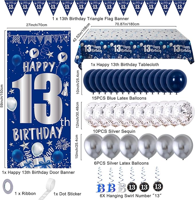 13th Birthday Decorations for Boys Girls, Blue Silver 13th Birthday Decorations Backdrop with Happy 13th Birthday Banner, Number 13 Hanging Swirls, Triangle Flag, 13 Years Old Birthday Party Supplies