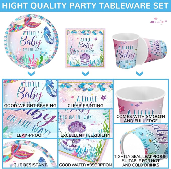 200 Pcs Mermaid Baby Shower Paper Plates Napkins Cups Under the Sea Baby Shower Party Supplies Tableware Set Purple Green Disposable Cup Napkin for 50 Guest Girls Spring Party Decoration