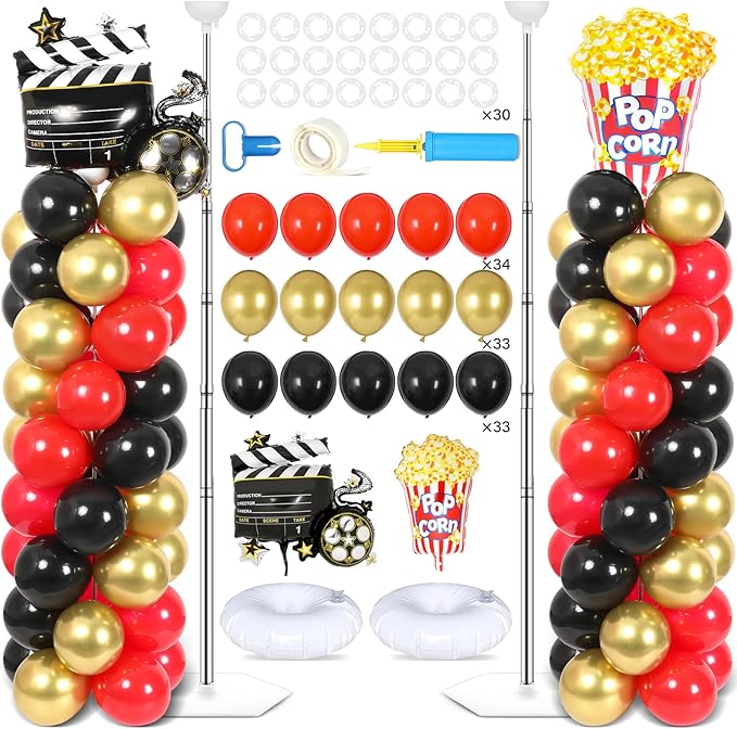 2 Sets Movie Night Balloon Column Stand Kit With 102 Popcorn Clapboard Foil Balloons 5.57ft Adjustable Tower Stand With Base Adjustable Arch Column for Camera Film Movie Birthday Party Supplies