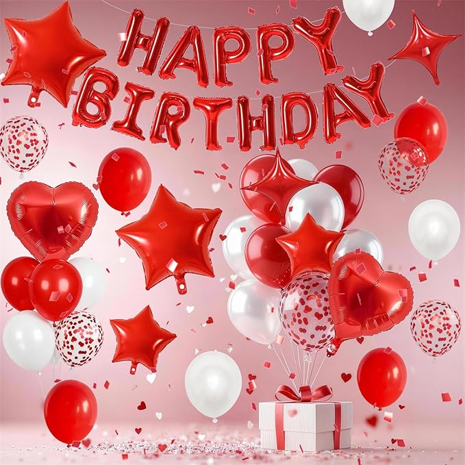 Red White Birthday Decorations for Women Girls Dark Red Metallic Pearl Whte Confetti Party Balloon Happy Birthday Banner Heart Foil Balloons 18/10 Inch Star Balloons for Bday Party Supplies
