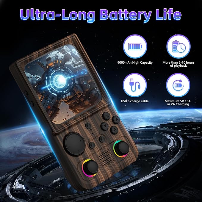 R36TMAX Retro Handheld Game Console, 4 Inch IPS HD Screen Retro Gaming Console, Supports WiFi Networked Fighting and OTG, Compatible with a Large Variety of Classic Games,Wood Grain Coffee Brown