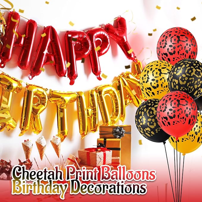 Gejoy 36 Pcs Cheetah Balloons Gold Black Red Leopard Print Balloons 12 Inch Spots Latex Leopard Jungle Animal Decorations for Cheetah Zoo Theme Birthday Party Supplies
