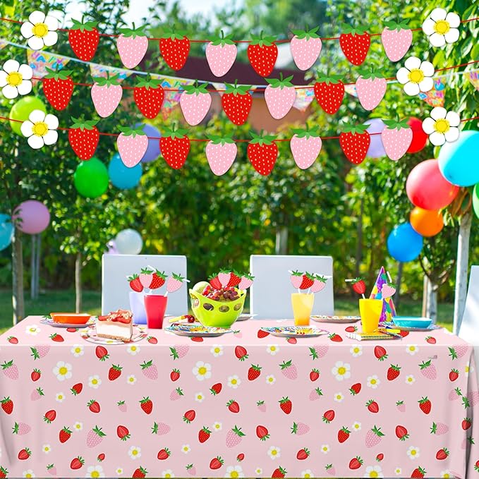 GREHUMOR 3 Pack Strawberry Tablecloth Strawberry Birthday Decorations Plastic Strawberry Theme Party Table Cover for Girls Sweet One Birthday Berry Sweet Baby Shower Party Supplies 51x87 inches