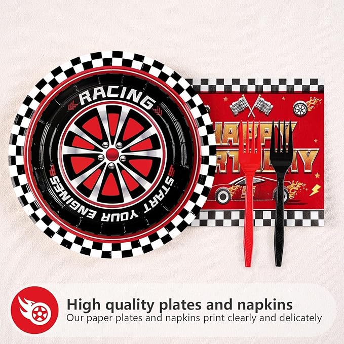 Grencian 96Pcs Red Race Car Happy Birthday Party Decorations Supplies Hot Car Plates and Napkins Racing Themed Checked Flag Tableware for Boys Transportation Birthday Party Decorations Serve 24