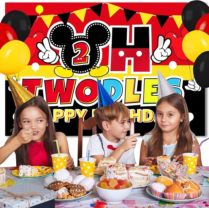 Cartoon 2nd Birthday Party Decorations – 5x3FT Backdrop Banner with 18 Black Red Yellow Balloons, Cute Mouse Theme Photo Props Background for “Oh Two” Party Celebration Supplies