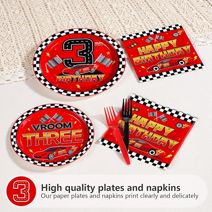 Grencian 96Pcs Red Race Car 3rd Birthday Party Decorations Supplies Hot Car Plates and Napkins Racing Themed Disposable Tableware Set for 3 years old Boys Transportation Birthday Party Serve 24
