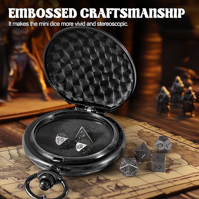 D&D Dice Set,7PCS Metal Dice for Dungeons and Dragons,Mini Dice Set with Pocket Watch Case,Role Playing Board Games Accessories (DM, Black)