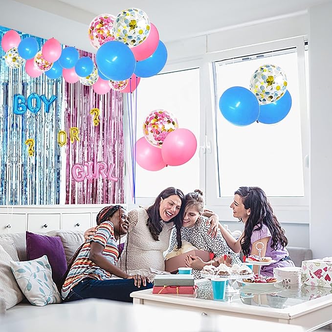 Gender Reveal Party Supplies Kit, Pink and Blue Balloons , Boy or Girl Foil Balloons, Tinsel Curtain, Gender Reveal Party Baby Photo Backdrop for Baby Shower Decorations