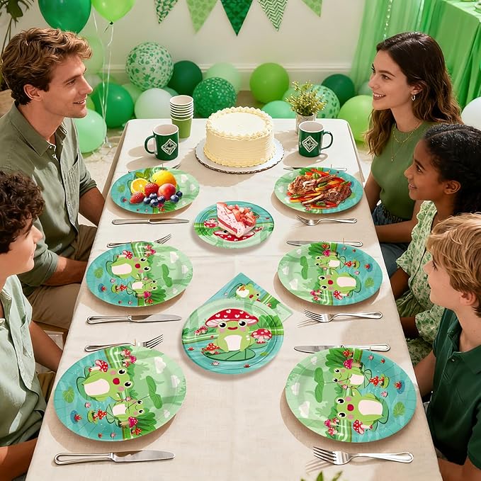 96Pcs Frog Party Supplies Frog Birthday Plates and Napkins Green Animals Tableware Set for Kids Boy Girl Fairy Tale Prince Theme Frogs Birthday Baby Shower Party Supplies，Serves 24