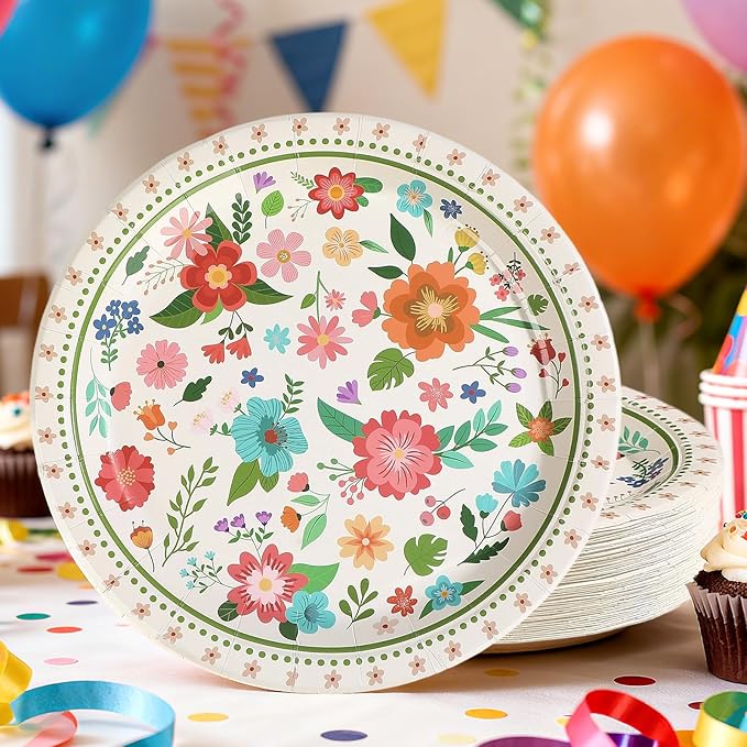 50Pcs Spring Retro Floral Party Paper Plates 10 Inch Heavy Duty Disposable Spring Flower Party Decorations Vintage Rustic Floral Plate for Boho Picnic Wedding Holiday Summer Birthday Party Supplies