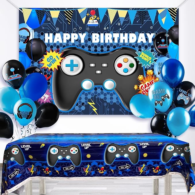 15 PCS Complete Video Game Party Decoration Set 1 Backdrop 1 Tablecloth 13 Latex Balloons and More Perfect for Gamer Party Supplies Boys and Girls Birthday Celebration