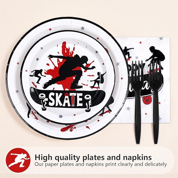 96 Pcs Skateboard Birthday Party Supplies Skate Plates and Napkins Disposable Skateboard Sports Theme Tableware Set for Skater Birthday Baby Shower Party Decorations Serves 24