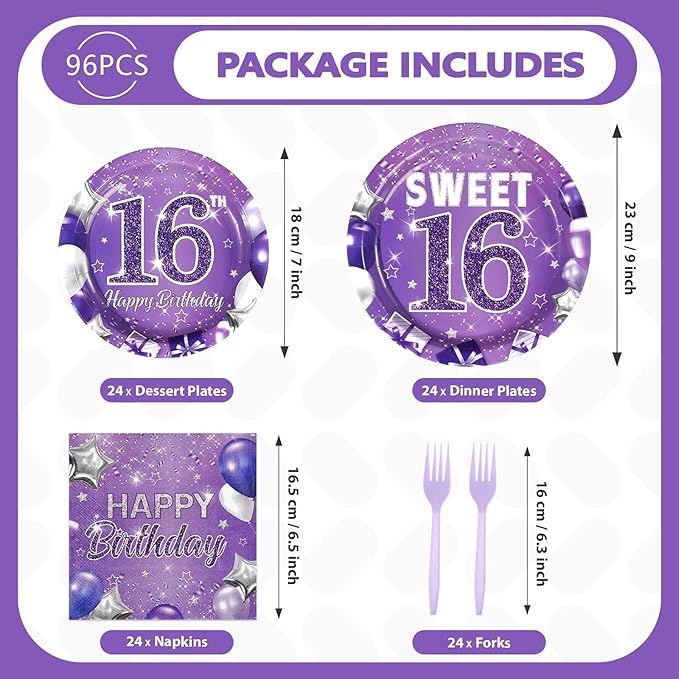 Grencian 96Pcs 16th Birthday Party Supplies Purple Sweet 16 Birthday Plates and Napkins Tableware Sets Sixteenth Birthday Party Decorations for Girls Happy 16th Birthday Party Favors Serves24